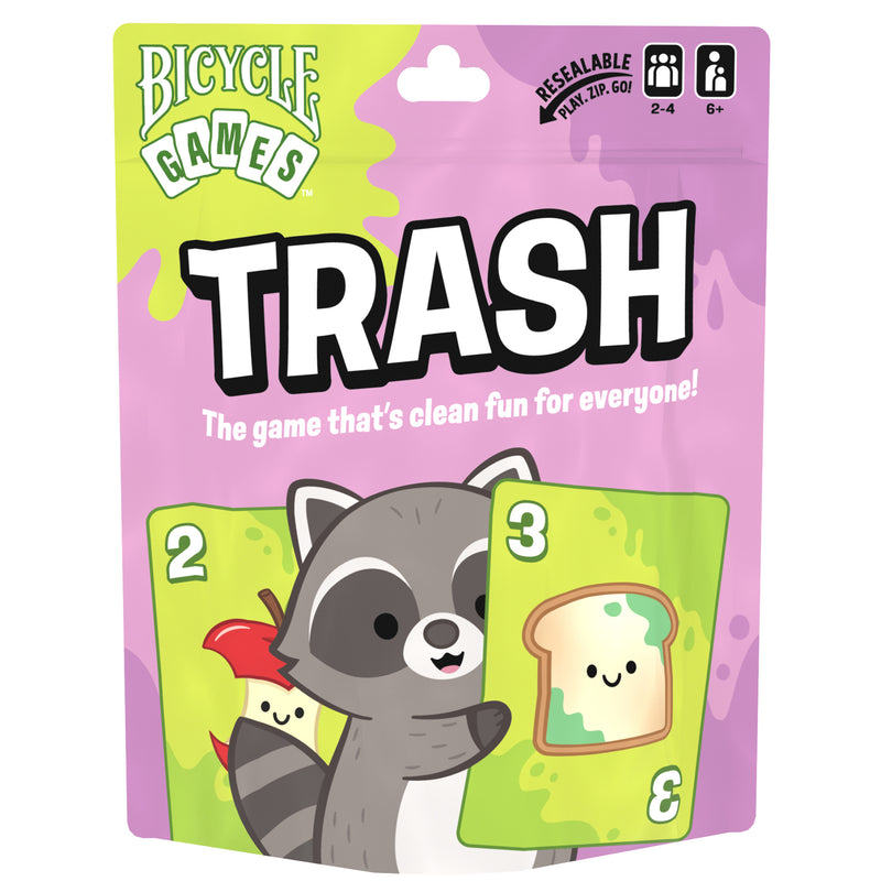 Load image into Gallery viewer, Trash Card Game - Front of packaging with illustration of a racoon holding a card and tagline 'The game that's clean fun for everyone!'. 
