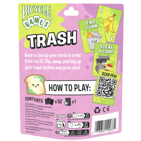 Trash Card Game -Back of packaging with overview, contents list, and QR code linking to how to play instructions. 