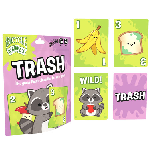 Trash Card Game - Packaging and sample cards shown including card numbered '1' with illustration of a banana peel, a 'Wild!' card with illustration of a racoon, and a trash card. 