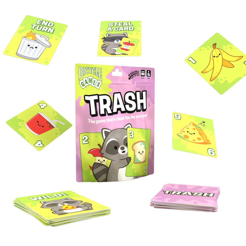 Load image into Gallery viewer, Trash Card Game - Packaging and sample cards displayed including end turn card, steal a card, and cards numbered between 1 and 9.
