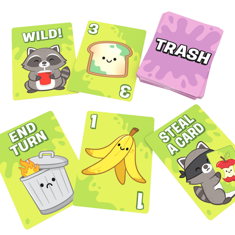Load image into Gallery viewer, Trash Card Game - Sample cards shown including Wild card, End Turn card, Steal a Card card, and cards numbered 1 and 3. 
