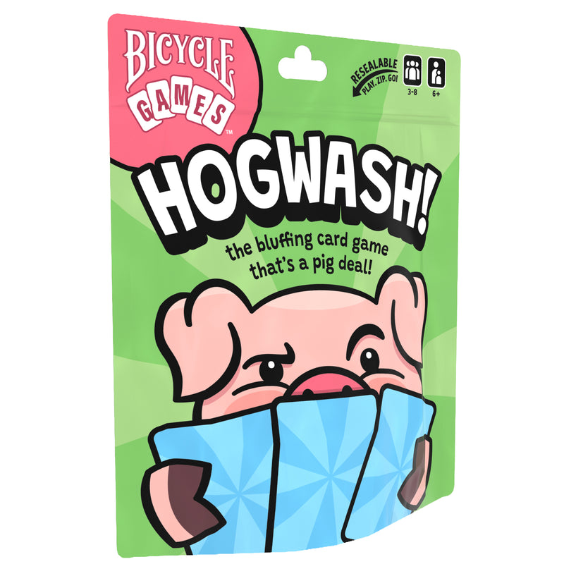Load image into Gallery viewer, Hogwash Card Game - Front of packaging featuring illustration of a pig holding a hand of cards and tagline 'The bluffing card game that's a pig deal!'. 
