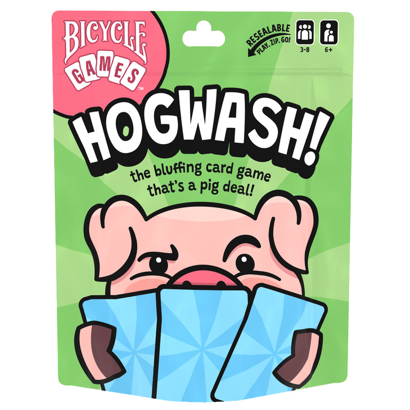 Load image into Gallery viewer, Hogwash Card Game - Front of packaging featuring illustration of a pig holding a hand of cards and tagline 'The bluffing card game that's a pig deal!'. 
