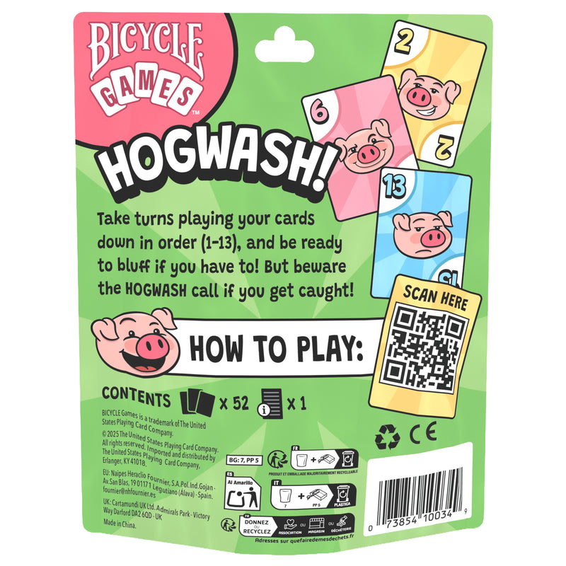 Load image into Gallery viewer, Hogwash Card Game - Front of packaging featuring illustration of a pig holding a hand of cards and tagline 'The bluffing card game that's a pig deal!'. 
