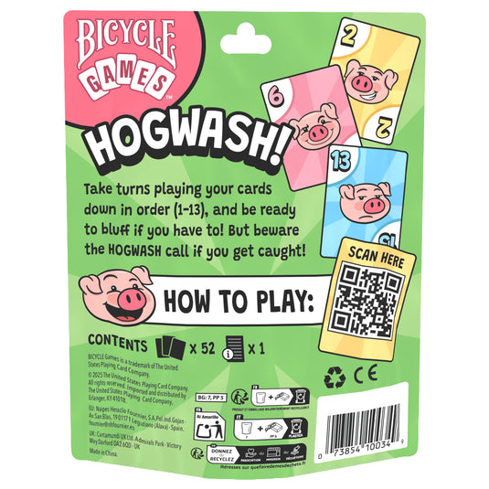 Hogwash Card Game - Front of packaging featuring illustration of a pig holding a hand of cards and tagline 'The bluffing card game that's a pig deal!'. 