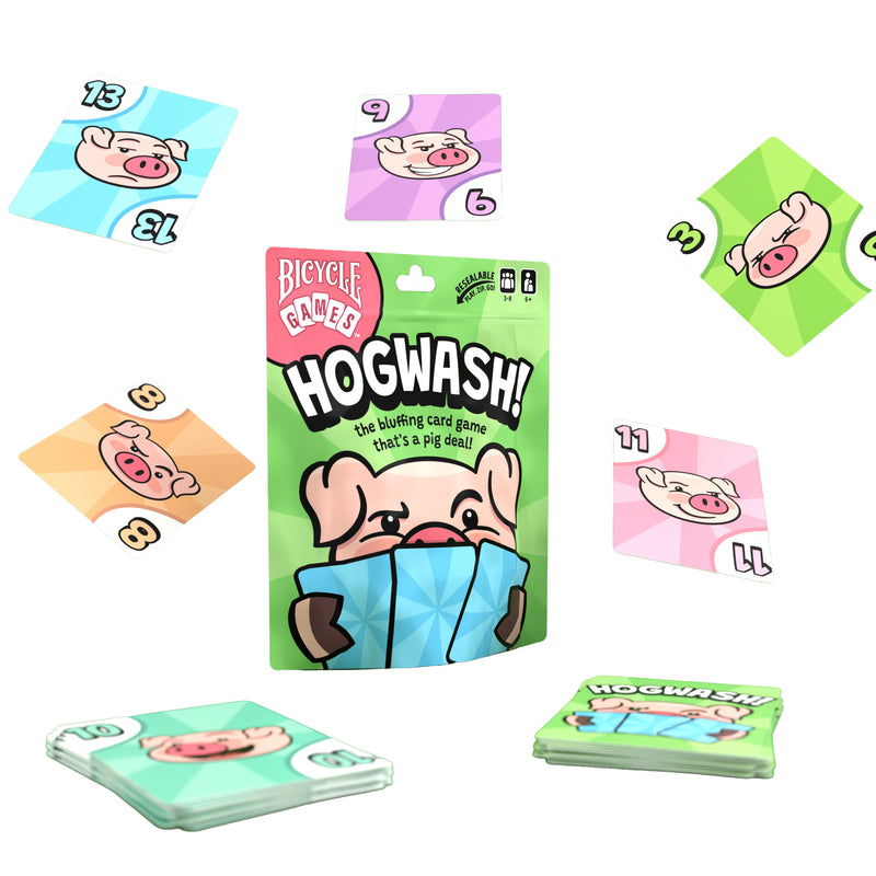 Load image into Gallery viewer, Hogwash Card Game - packaging and sample cards shown with numbers between 3 and 13 in green, pink, orange, blue, and purple. 
