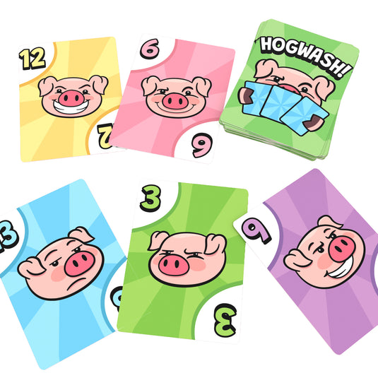 Hogwash Card Game - Sample cards shown with illustrations of pigs in the center, and numbered between 3 and 13. 