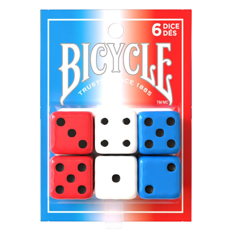 Load image into Gallery viewer, Bicycle Red White and Blue 6ct Dice - View of front of packaging with Red White and Blue design.
