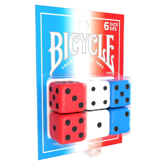 Bicycle Red White and Blue 6ct Dice - View of front of packaging with Red White and Blue design.