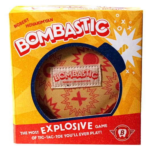 Bombastic Board Game - front of packaging with bomb art design. Tagline says 'The most EXPLOSIVE game of tic-tac-to you'll ever play'. 