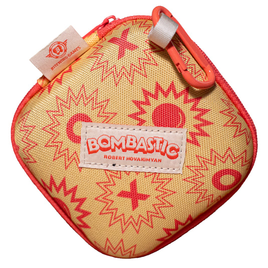 Bombastic Board Game - view of front of zip-up clamshell case with orange carabiner. 