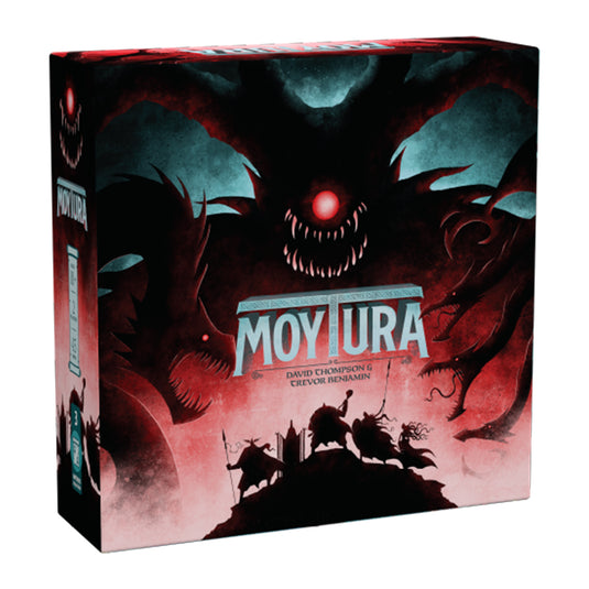 Moytura Board Game - front of box featuring art of heroes and monsters.