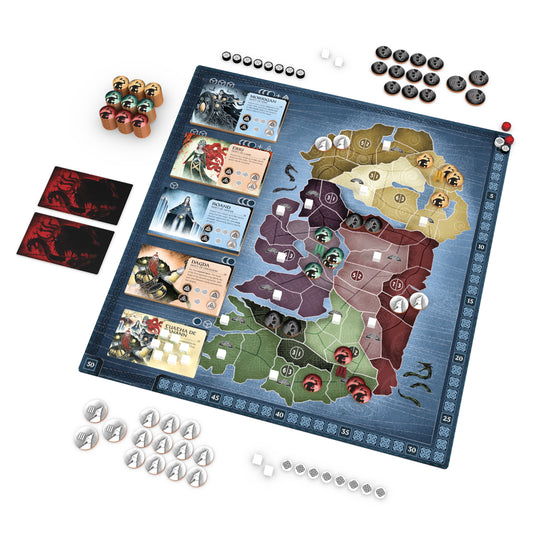 Moytura Board Game - setup game shown including game board, follower tokens, wood discs, enemy strongholds, and enemy units.