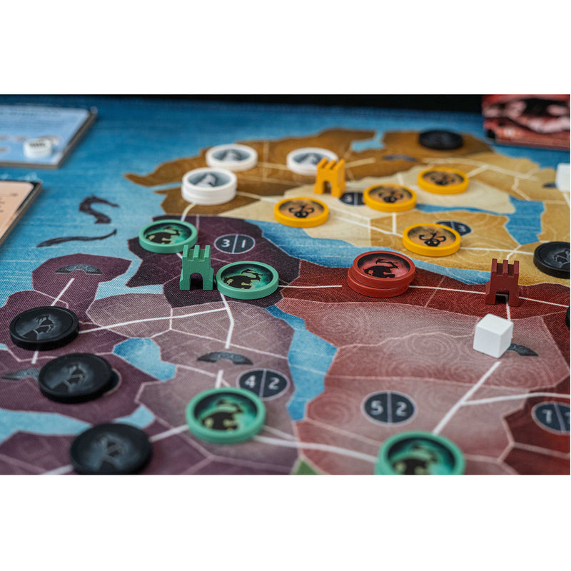 Load image into Gallery viewer, Moytura Board Game - close up of game board with wood discs and cubes on top. 
