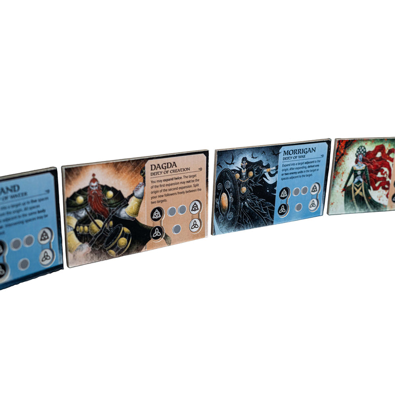 Load image into Gallery viewer, Moytura Board Game - sample deity cards including 'Dagda deity of creation' and ' Morrigan deity of war'. 
