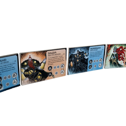 Moytura Board Game - sample deity cards including 'Dagda deity of creation' and ' Morrigan deity of war'. 