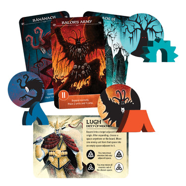 Moytura: Mag Mell Board Game Expansion - view of game components including  enemy cards, enemy units, enemy tokens, and 'Lugh deity of mischief' card.
