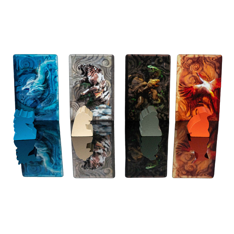 Load image into Gallery viewer, Azure Board Game - view of the four auspicious beast wood figures.
