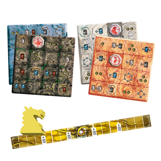 Azure: Cosmos Board Game Expansion - sample components shown including game boards, cosmos track, and yellow wood dragon.