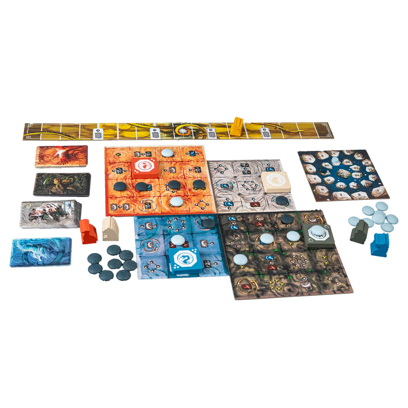 Load image into Gallery viewer, Azure: Cosmos Board Game Expansion - sample components shown including game boards, cosmos track, stone tokens,  and yellow wood dragon.
