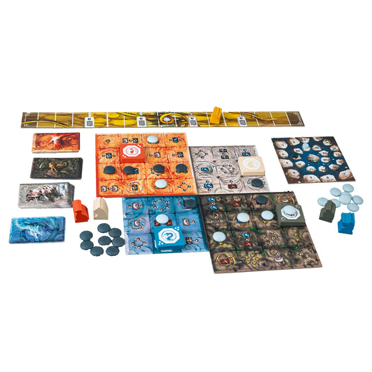 Azure: Cosmos Board Game Expansion - sample components shown including game boards, cosmos track, stone tokens,  and yellow wood dragon.