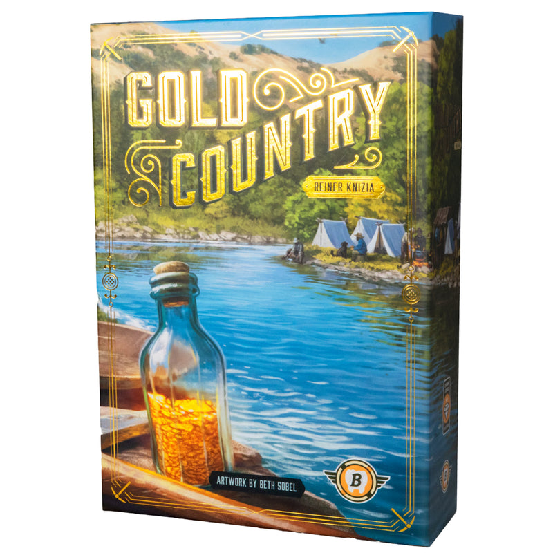 Load image into Gallery viewer, Gold Country Board Game - Front of box with art of gold flakes in a bottle and a mining camp. 
