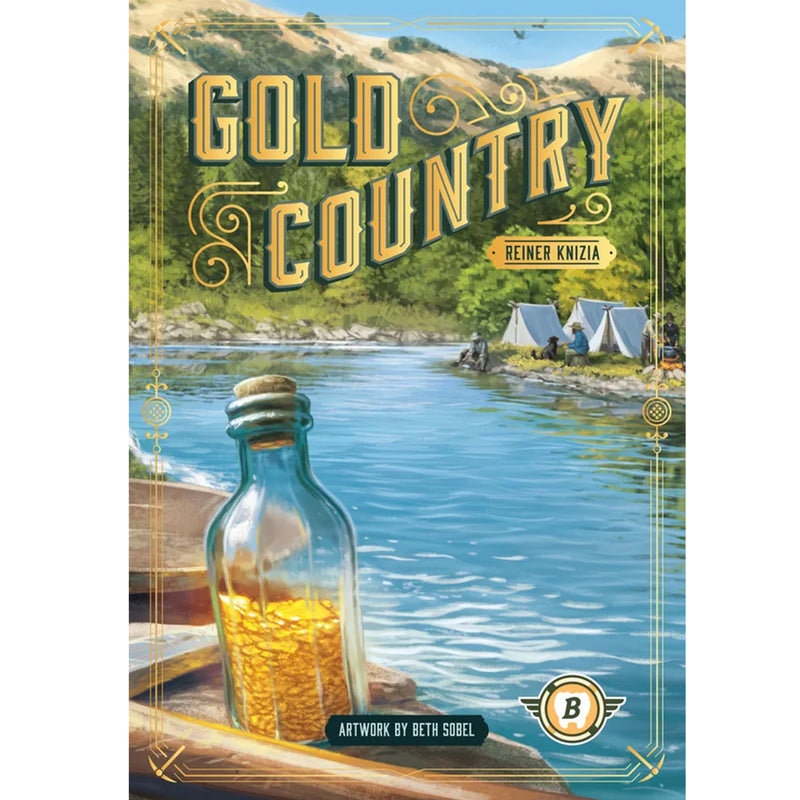 Load image into Gallery viewer, Gold Country Board Game - Front of box with art of gold flakes in a bottle and a mining camp. 
