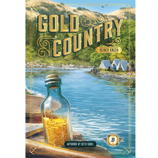 Gold Country Board Game - Front of box with art of gold flakes in a bottle and a mining camp. 