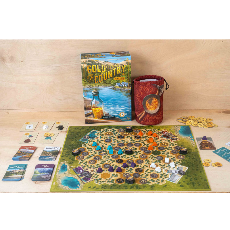 Load image into Gallery viewer, Gold Country Board Game - Bx and game components shown including draw bag, game board with hex map, meeples in a variety of colors, and coin tokens. 

