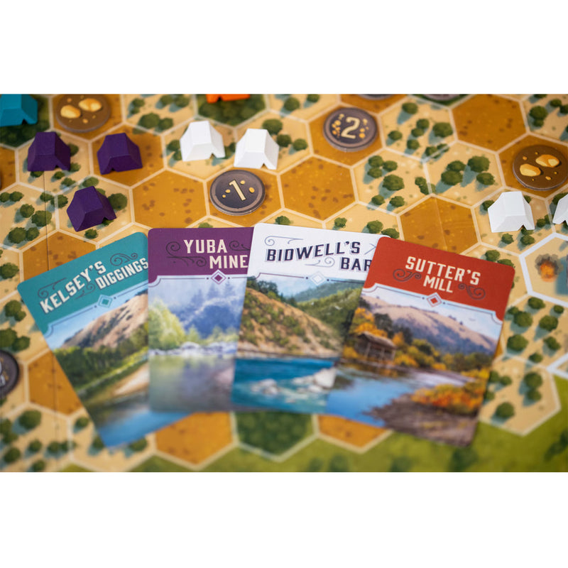 Load image into Gallery viewer, Gold Country Board Game - Sample components shown including location cards, meeples, and game board. 
