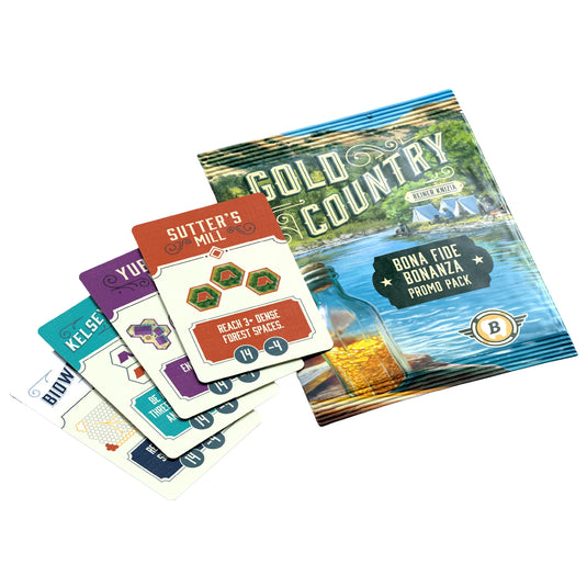 Gold Country: Bona Fide Bonanza Mini Expansion - Front of packaging and sample cards displayed.