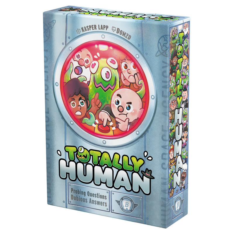 Load image into Gallery viewer, Totally Human Party Game - Front of box with art of aliens and humans pressing a buzzer. Text says 'Probing questions, dubious answers'. 
