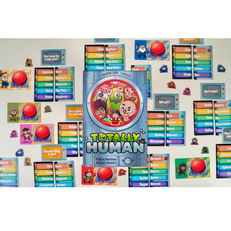 Load image into Gallery viewer, Totally Human Party Game - Box and sample answer and questions cards shown. 
