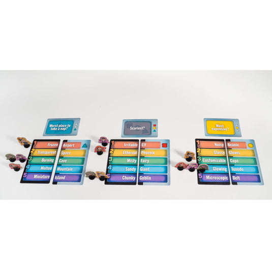 Totally Human Party Game - Sample components shown including question cards, answer cards, and character standees.