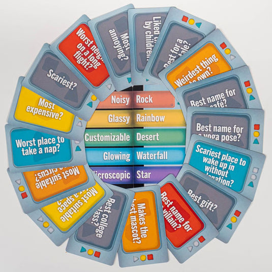 Totally Human Party Game - Sample question and answer cards displayed.