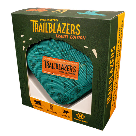 Trailblazers: Travel Edition Board Game - front of box with green outdoors design. Box indicates it is for ages 8+ and 1 to 4 players.