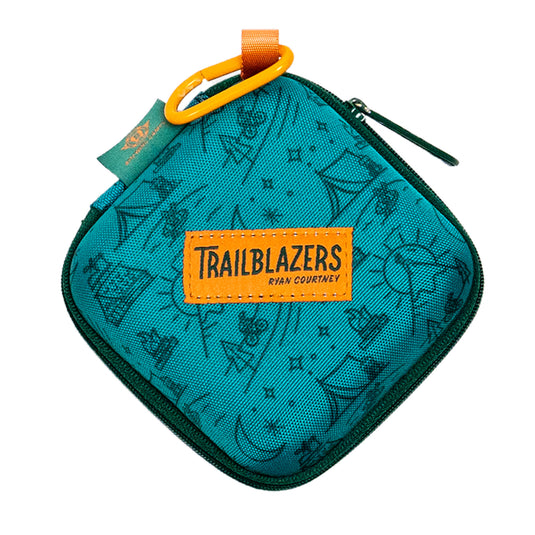 Trailblazers: Travel Edition Board Game - image of blue zip-up clamshell travel bag and yellow carabiner. 