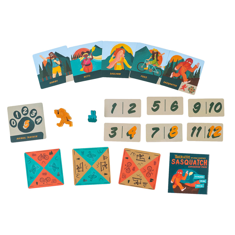 Load image into Gallery viewer, Trailblazers: Sasquatch Board Game Expansion Pack - sample components shown including sasquatch figure, character cards, and countdown tokens.
