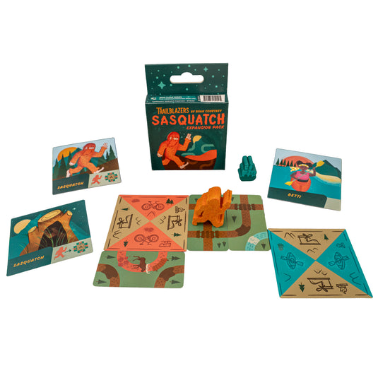 Trailblazers: Sasquatch Board Game Expansion Pack - packaging and game contents shown including sasquatch figure, wood countdown token, and cards.