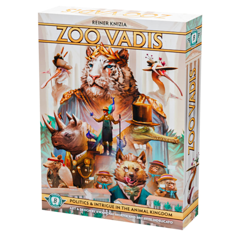 Load image into Gallery viewer, Zoo Vadis Board Game - front of box with illustrations of animals and tagline 'Politics &amp; intrigue in the animal kingdom'. 
