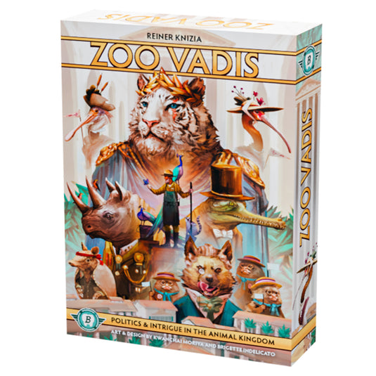 Zoo Vadis Board Game - front of box with illustrations of animals and tagline 'Politics & intrigue in the animal kingdom'. 
