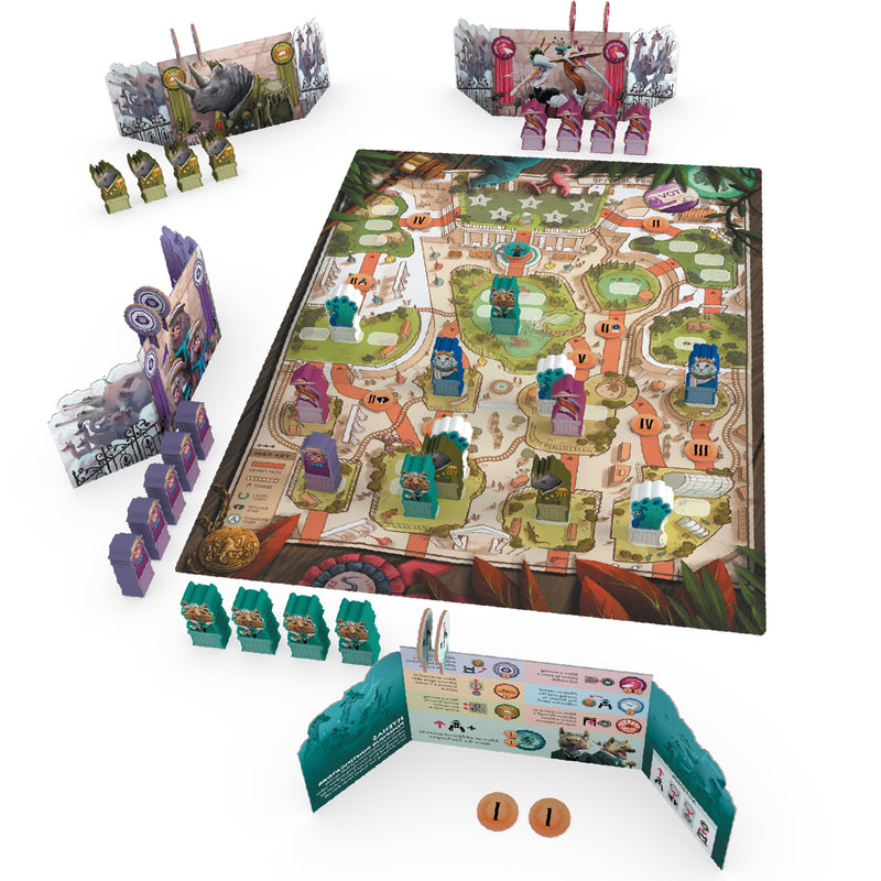 Load image into Gallery viewer, Zoo Vadis Board Game - view of setup game including game board, wooden animal figures, tokens, and player screens. 
