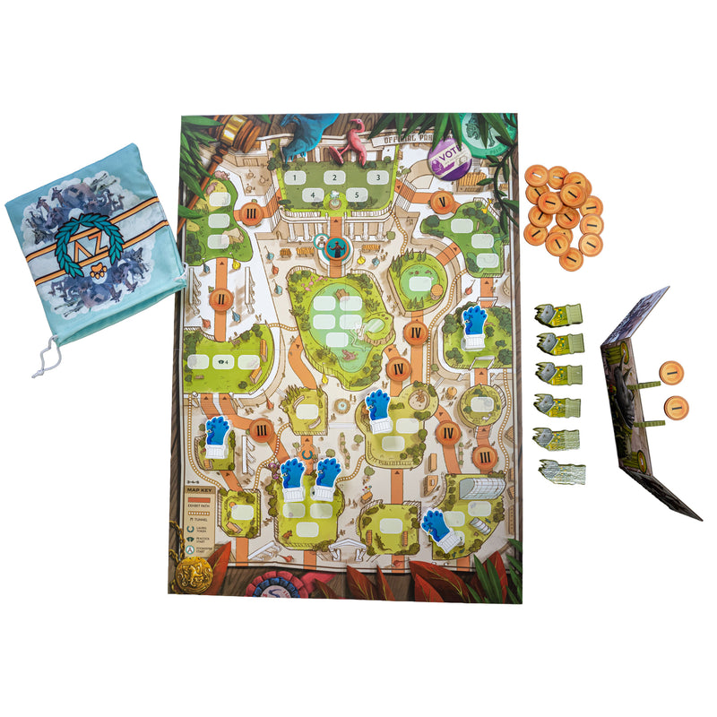 Load image into Gallery viewer, Zoo Vadis Board Game - view of sample components including draw-string bag, game board, rhino wood figures, and tokens.
