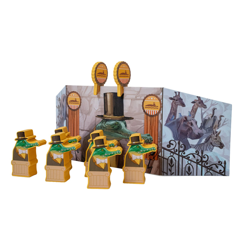Load image into Gallery viewer, Zoo Vadis Board Game - view of alligator player screen and wood figures. 

