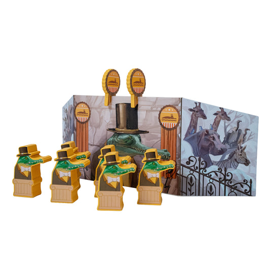 Zoo Vadis Board Game - view of alligator player screen and wood figures. 