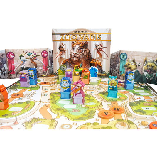 Zoo Vadis Board Game - box and sample components displayed including player screens, game board, and animal figures. 