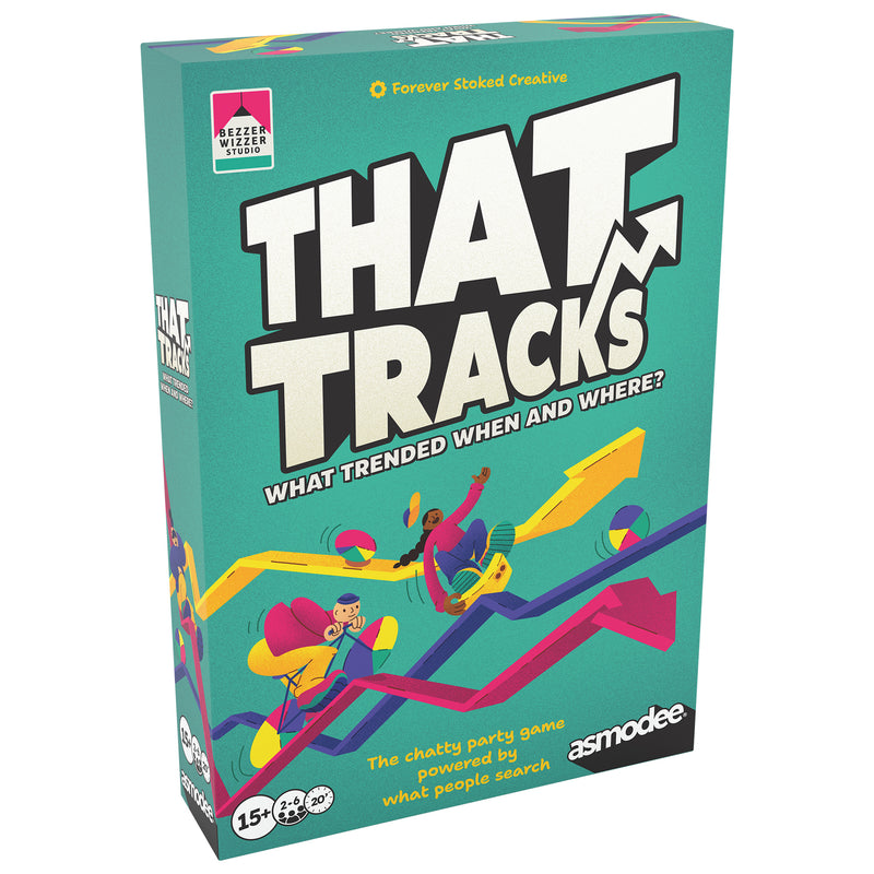 Load image into Gallery viewer, That Tracks Party Game - Front of box with illustrations of arrows and tagline 'The chatty party game powered by what people search'. 
