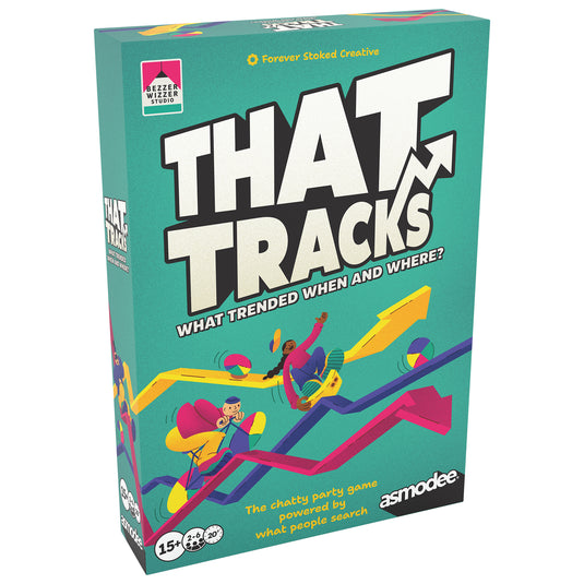 That Tracks Party Game - Front of box with illustrations of arrows and tagline 'The chatty party game powered by what people search'. 