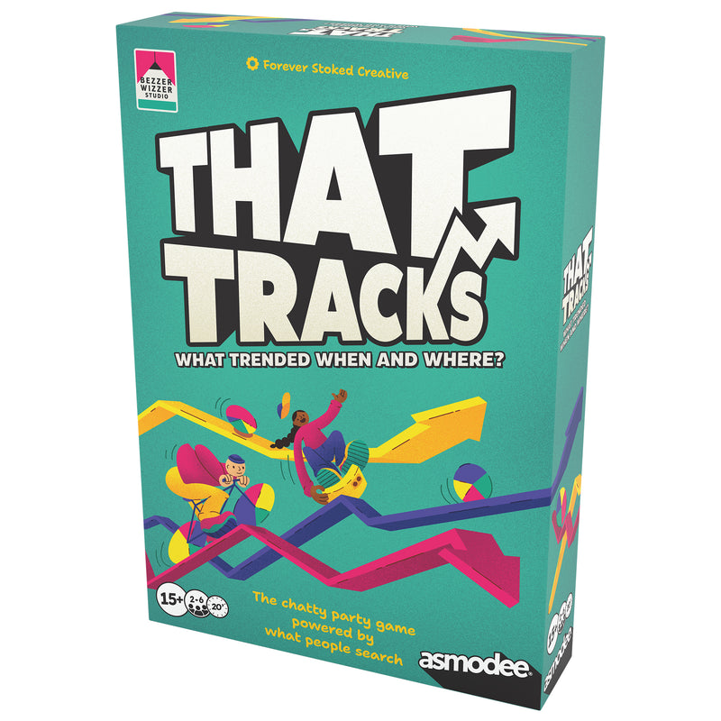 Load image into Gallery viewer, That Tracks Party Game - Front of box with illustrations of arrows and tagline 'The chatty party game powered by what people search'. 
