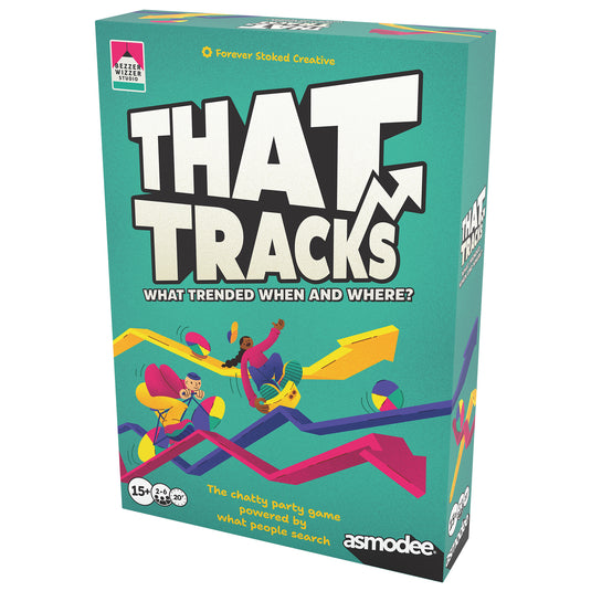 That Tracks Party Game - Front of box with illustrations of arrows and tagline 'The chatty party game powered by what people search'. 